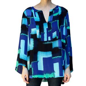 Chaus New York Abstract Print Pleated Tunic Top Blue Black Size XL